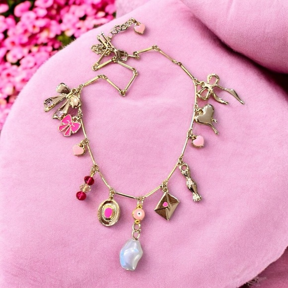 Pink bows and love charms charm necklace. Gold toned delicate chain 15.5”-17.5” - Picture 10 of 16